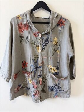 LINEN LUV 100% Linen Floral Hooded Jacket Shirt